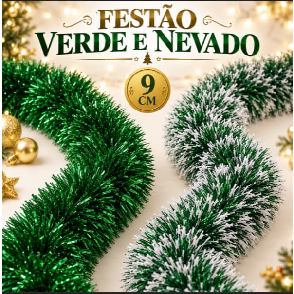 Festão De Natal Kit 2/6/10 Metros  Verde Escuro/Nevado 9cm Decoração Enfeite Arvore De Natal