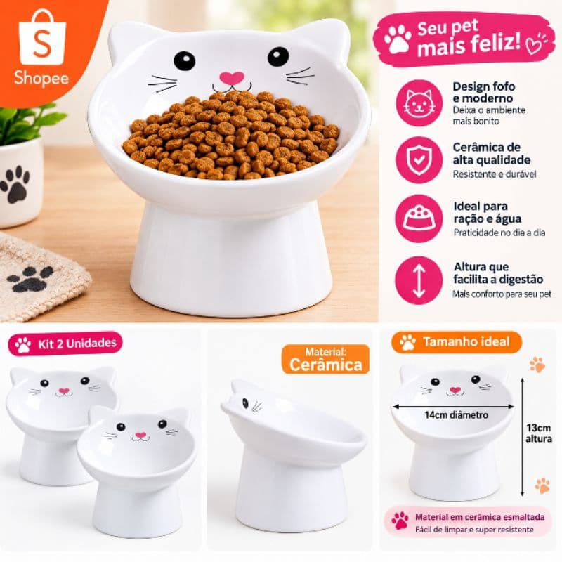 Comedouro Bebedouro Para Gatos Ergonômico Elevado Higiênico Em Cerâmica 2 unidades
