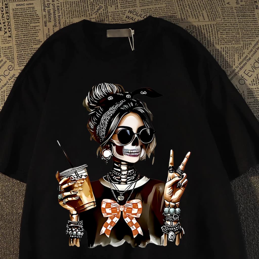 Camiseta Oversized Streetwear Esqueleto Rock Retrô Camisa Algodão Unissex Moderna