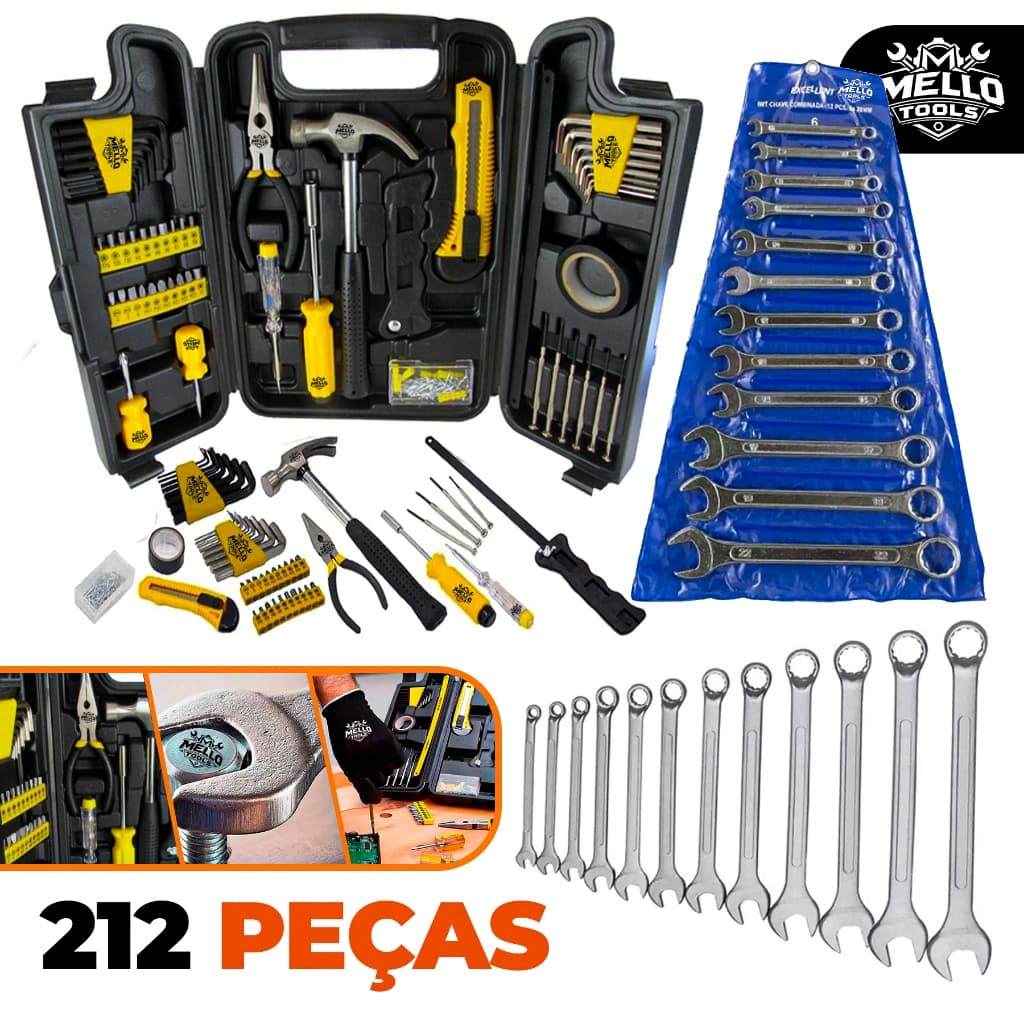 Kit Jogo de Ferramentas 212 Peças com Maleta Completa + Kit 12 Chave Combinada