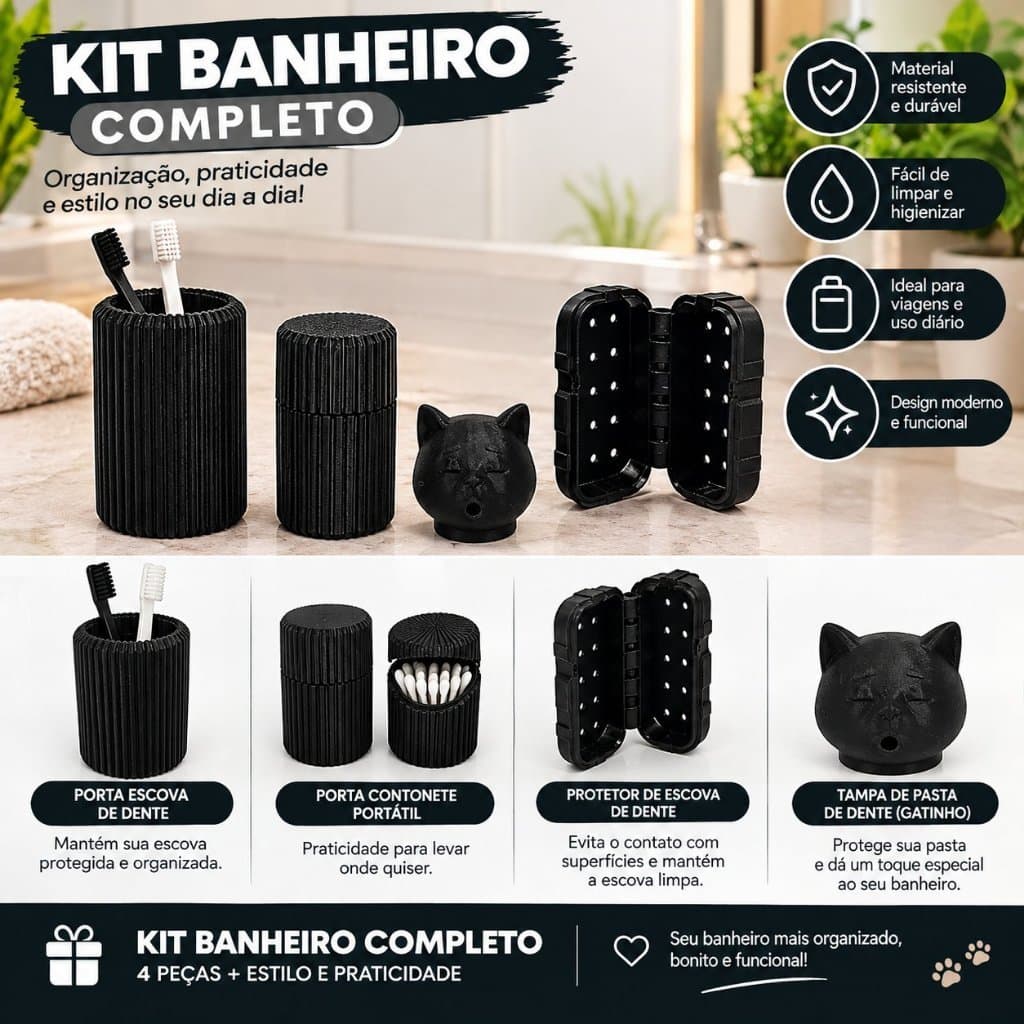 Kit Banheiro Completo Preto 4 Peças: Porta Escova, Porta Cotonete Portátil, Protetor de Escova e Tampa de Pasta de Dente