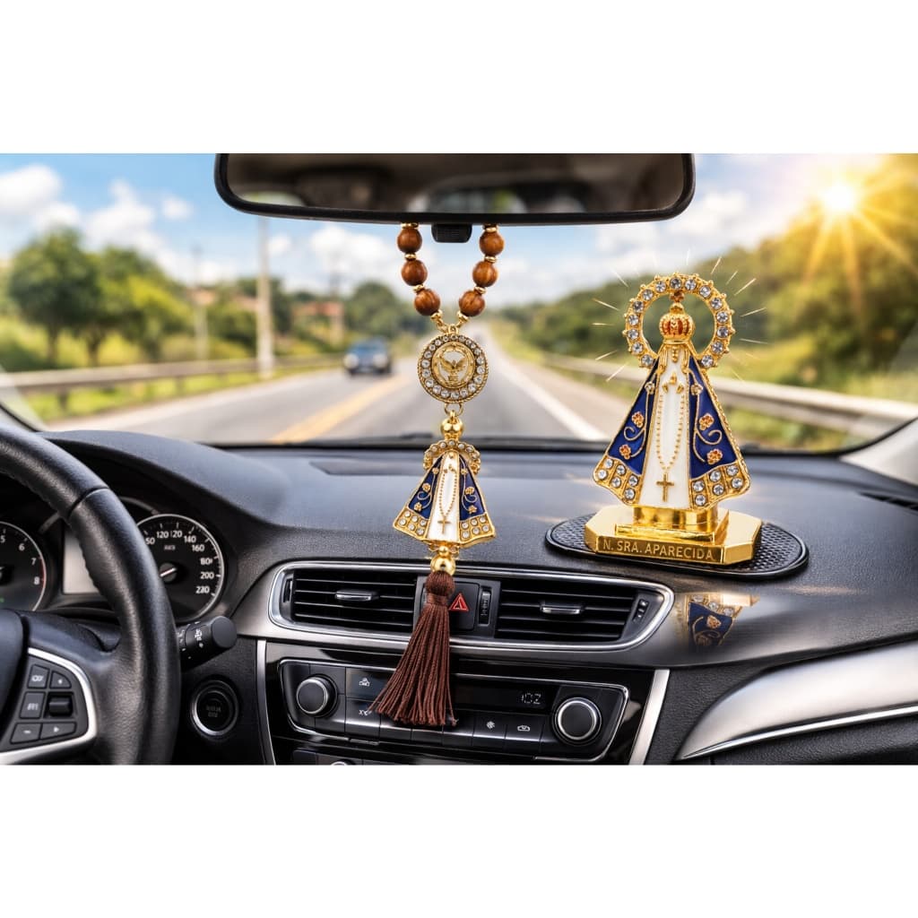Kit Nossa Senhora Aparecida para Carro Proteção Total  Dezena de Madeira com Pingente e Imagem