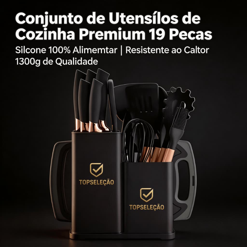 Kit 19 Peças Utensílios Cozinha Silicone + Facas + Suporte 1300g Cabeças Antiaderentes 230°C