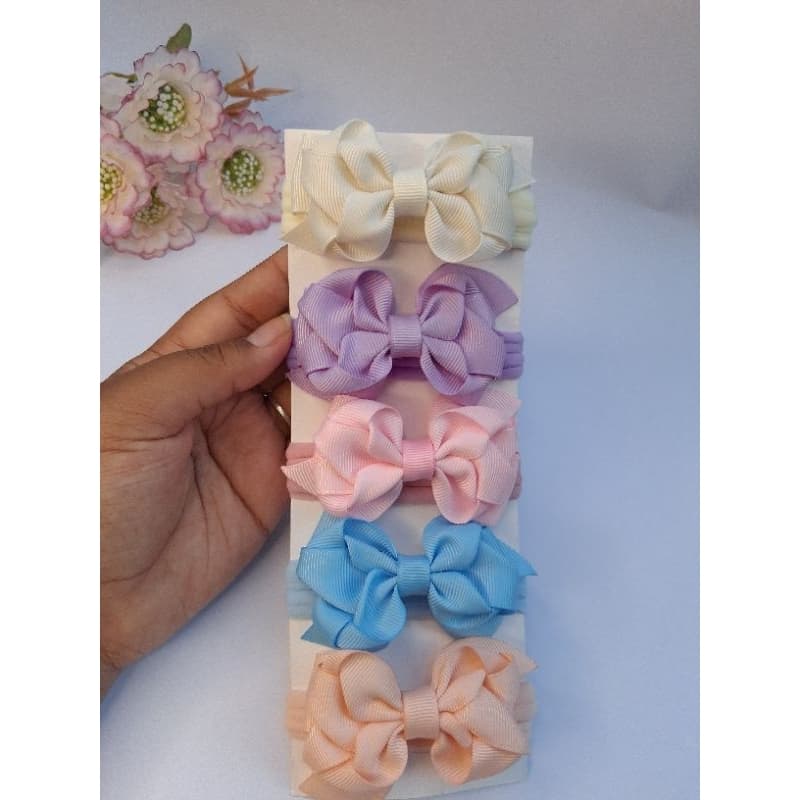 kit 5 faixa/tiara de bebê  tiara recém nascido slim laços na meia de seda