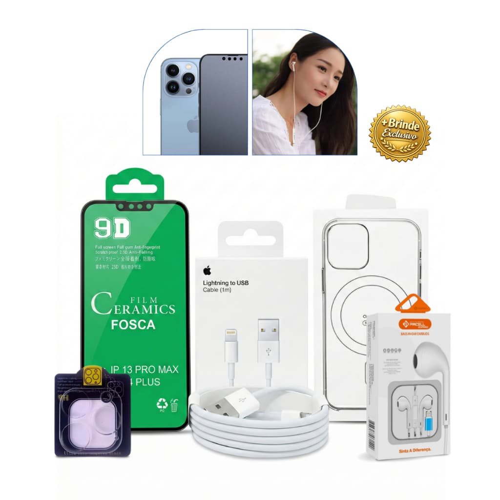 Kit Capa Cristal Magnética Película 9D Cabo Lightning Proteção Completa iPhone Capinha Transparente Anti Impacto