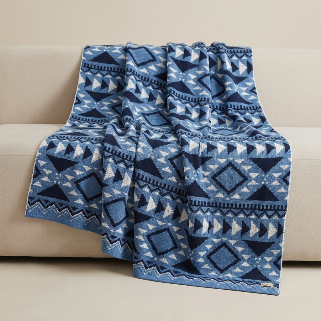 Manta para Sofá de Tricot Poltrona Decoração 150x95cm padrão Geométrico Design Asteca Azul , Offwhite e Marinho Tricô