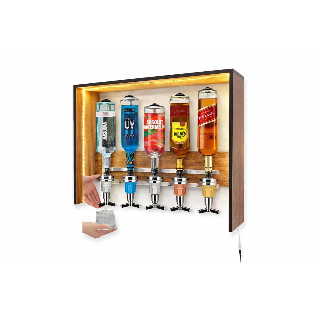 Suporte Dosador de Bebidas Parede 5 Garrafas MDF com 5 Dosadores Bar LED