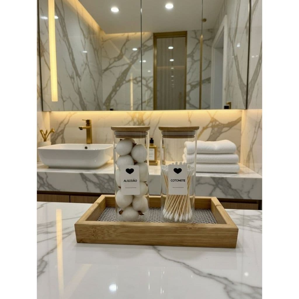 Kit Bandeja Decorativa com 2 Potes Organizadores para Banheiro (Algodão e Cotonete)