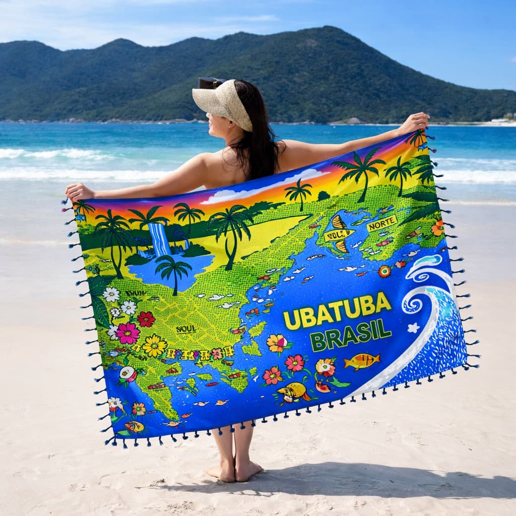 Canga Praia Feminina Mapa Ubatuba Brasil Saída de Praia Grande Estampa Colorida Verão