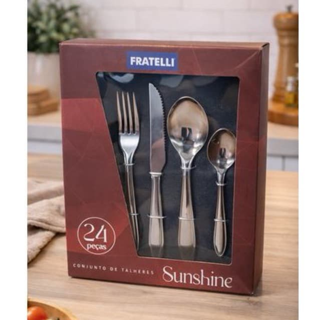 Conjunto Jogo de Talheres Aço Inox 24 Peças Premium Fratelli Talher Garfo Colher Faca Sobremesa