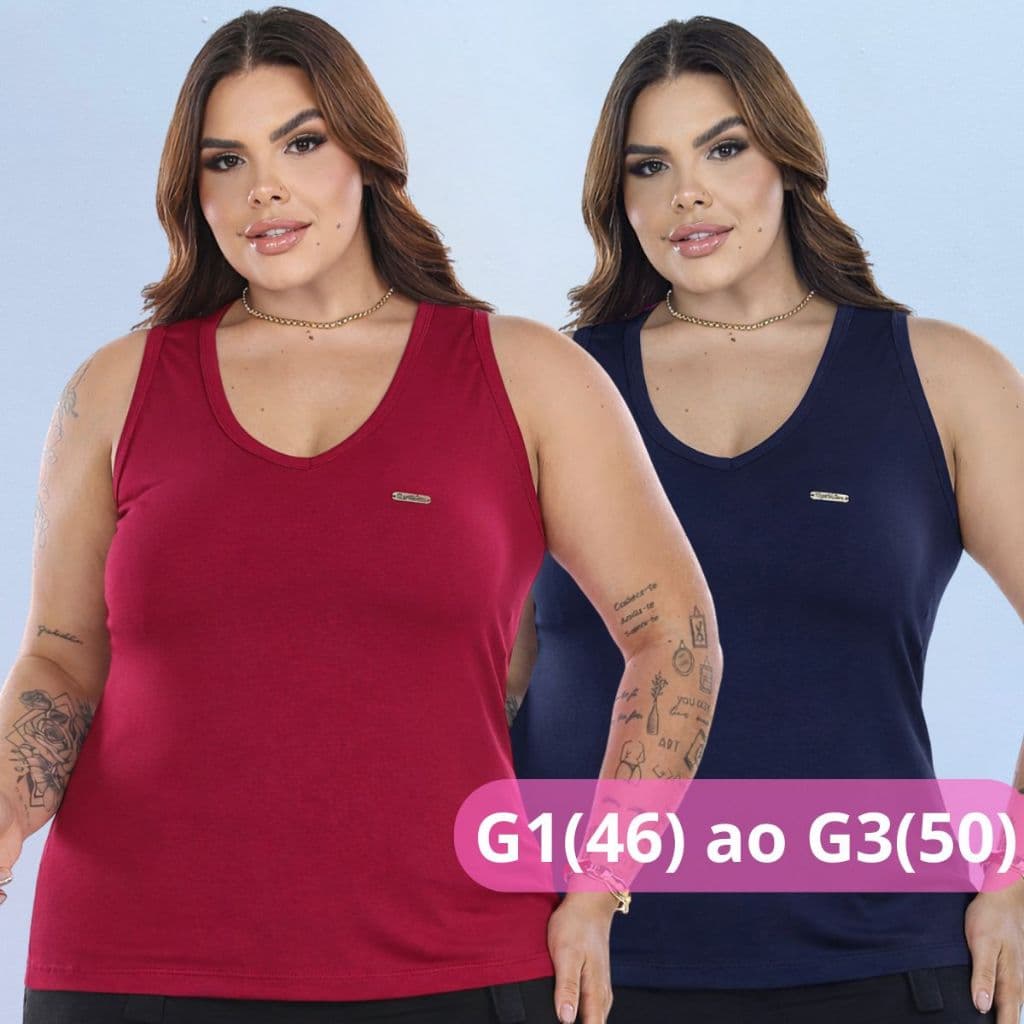 Kit 2 Regata Plus Size Blusa Feminina G1 ao G3 Confortável Moda Casual Básica Elegante Viscolycra Ragatão para Academia