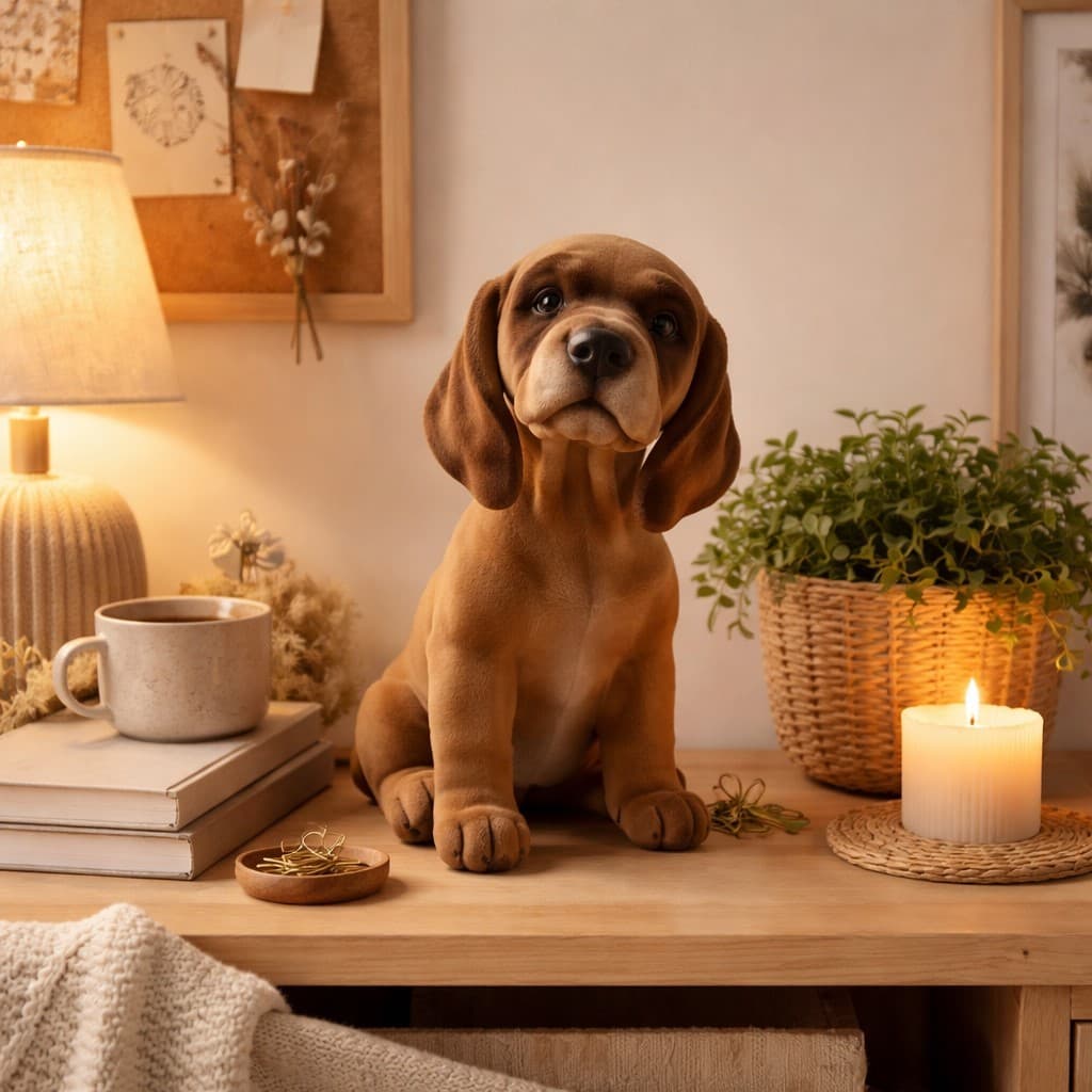 Escultura Decorativa Cachorro Flocado Realista 25cm Casa Marrom