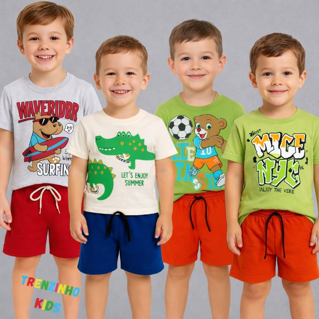 Kit 2 Conjuntos Infantil Masculino - 1 a 3 Anos Confortável - 4 Peças Sortidas