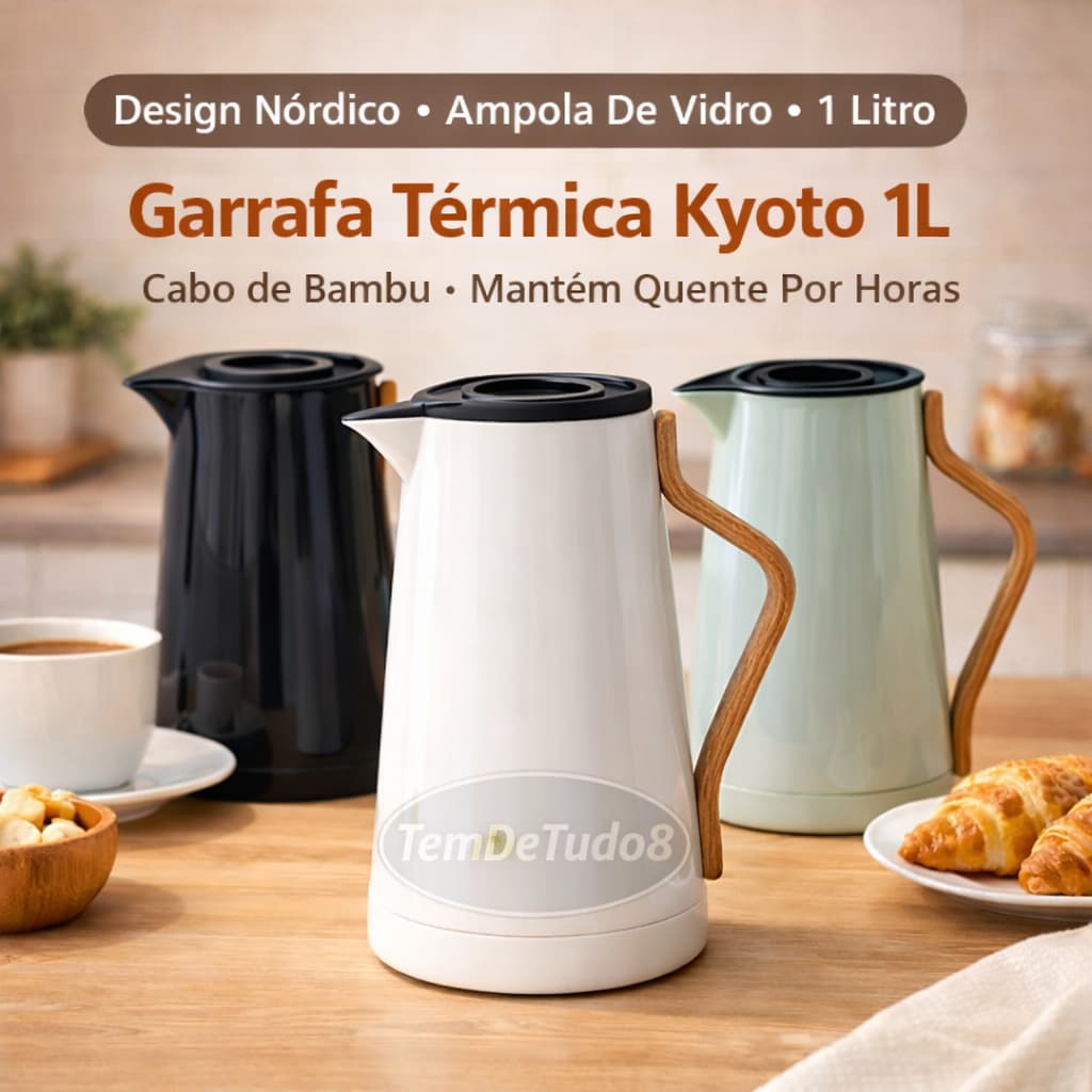 Garrafa Térmica Kyoto 1L 1 Litro Nórdica Ampola Vidro Alça Bambu Café Manhã Presente Mães Design Kit