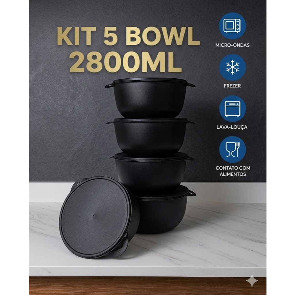 Kit com Potes Grandes 2.800ml Bowl Redondo para Armazenar e Congelar Alimentos 5/10 Potes