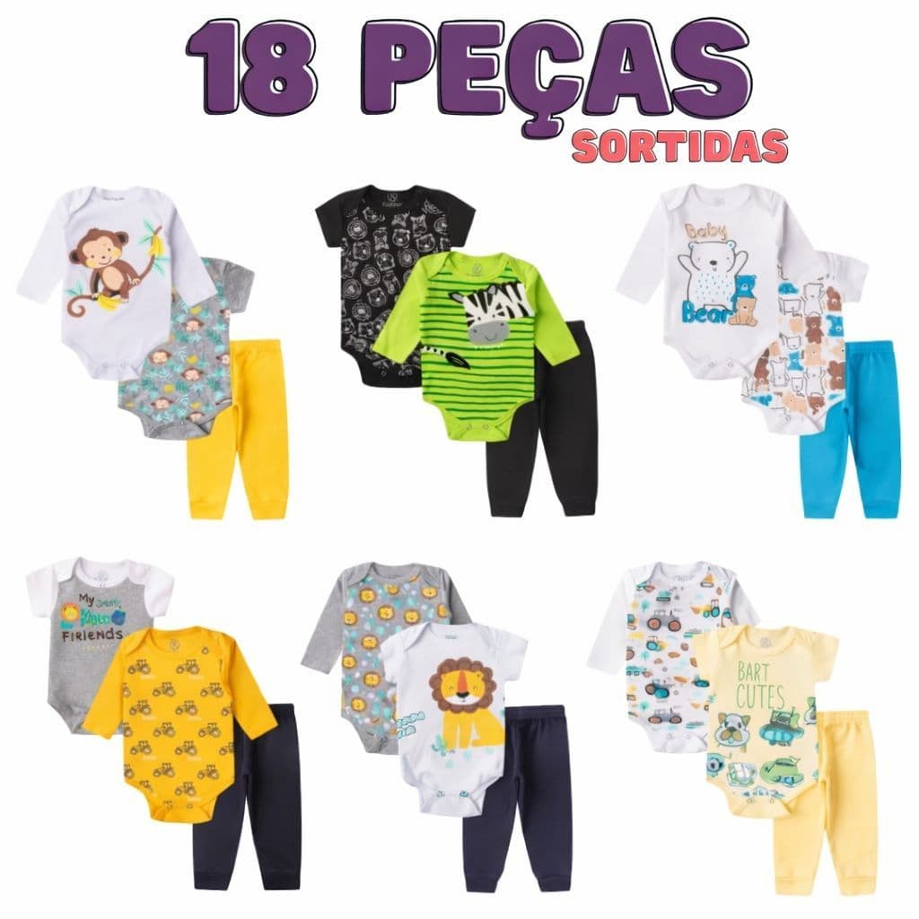 Kit 18 Peças Body Bebê Menino 6 Kits de 3 Peças Verão Infantil Manga Longa (Ideal para presente)