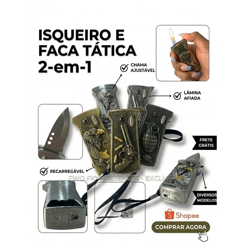ISQUEIRO RECARREGÁVEL - VÁRIOS MODELOS MAÇARICO (SEM GÁS) COM FACA PEQUENA