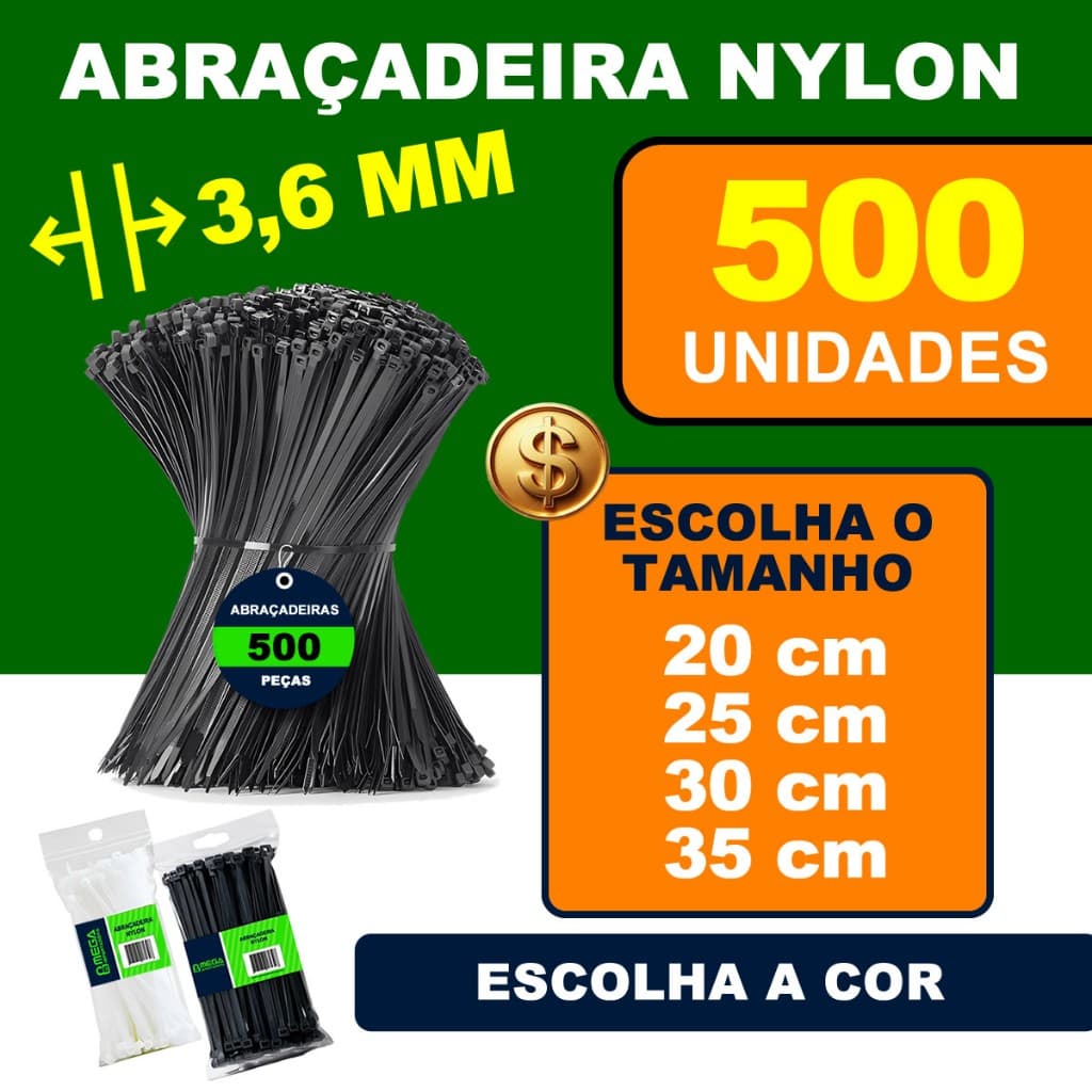 Kit 500 Abraçadeiras Cinta Nylon Plástica Presilha Enforca Gato Hellerman Branco Preto 3,6 mm