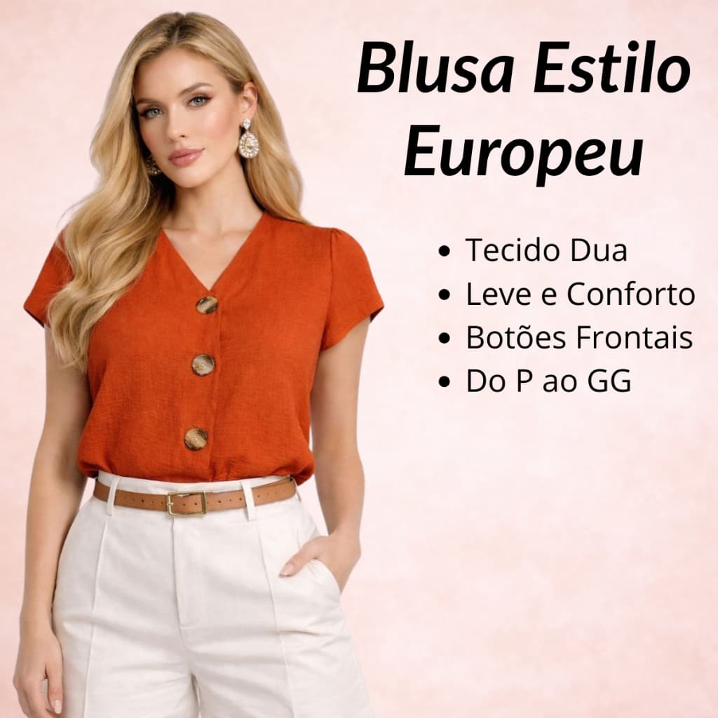 Blusa  Feminina Duna Lisa  Terracota Manga Curta Botões na Frente Estilo Europeu/Americana - Ideal para Passeios