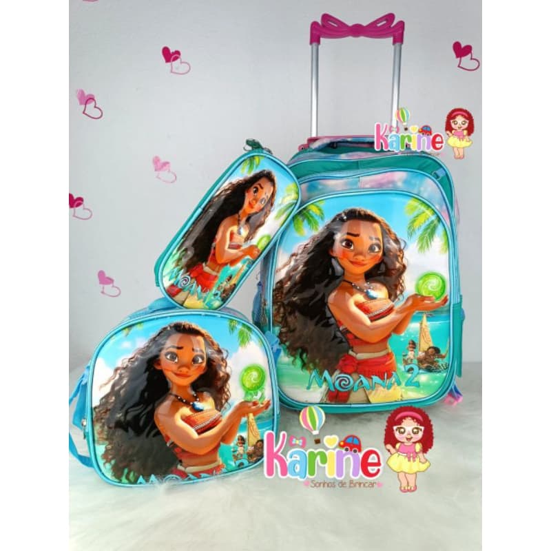KIT MOCHILA COM RODINHAS + LANCHEIRA TÉRMICA + ESTOJO MOANA 3D MODELO 2026 3D/ MOCHILA INFANTIL/ MOCHILA PARA MENINA