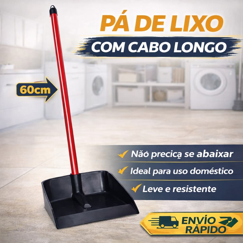 Pá Coletora de Lixo 60cm com Cabo Longo Plástica Reforçada Leve e Durável para Limpeza
