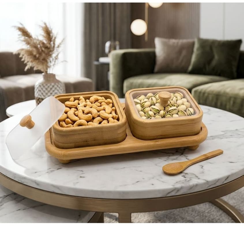 Petisqueira com Base de Bambu com 3 peças