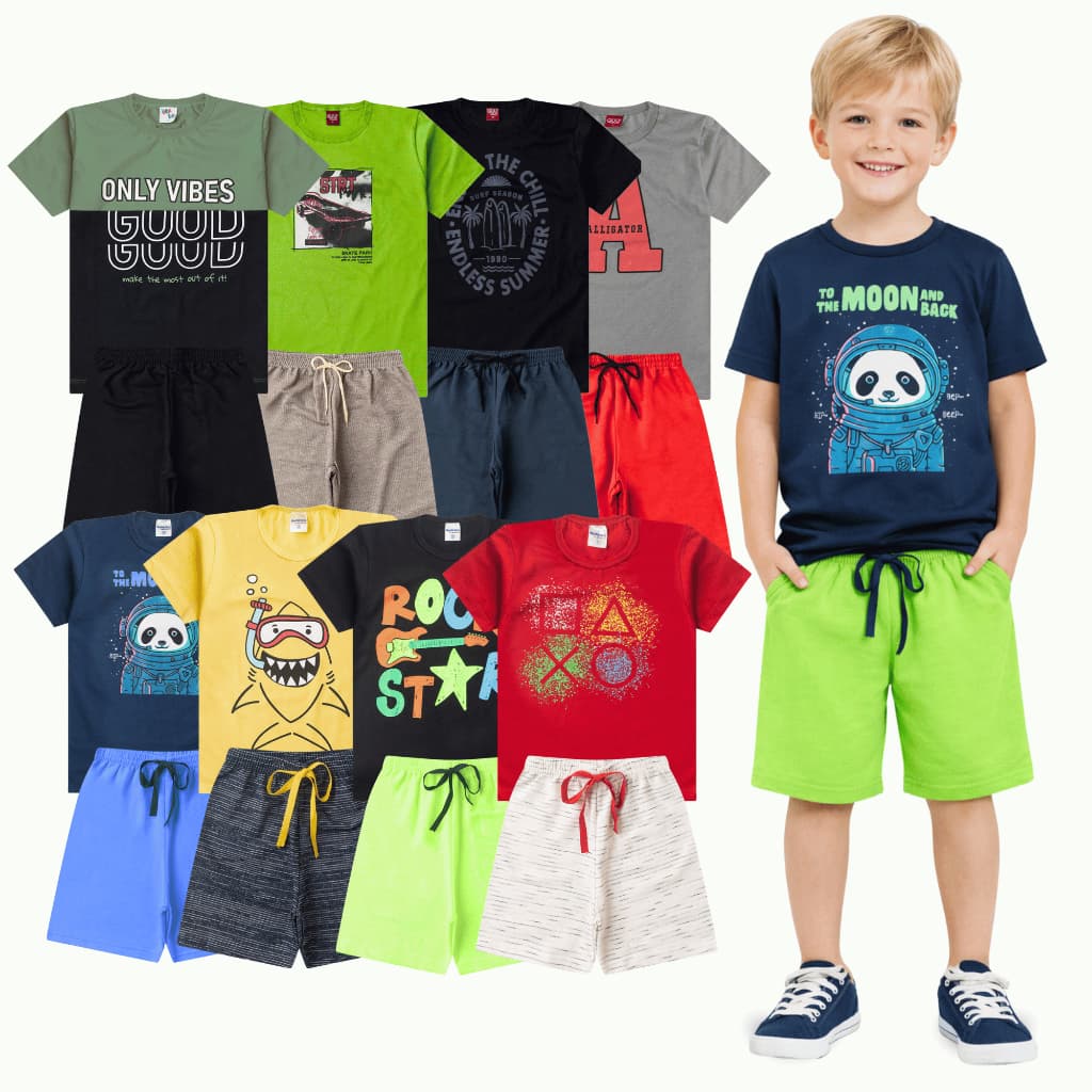 Kit 10 Peças Conjunto Infantil Menino Verão 1 ao 16 - 5 Conjuntos Confortáveis para o Dia a Dia