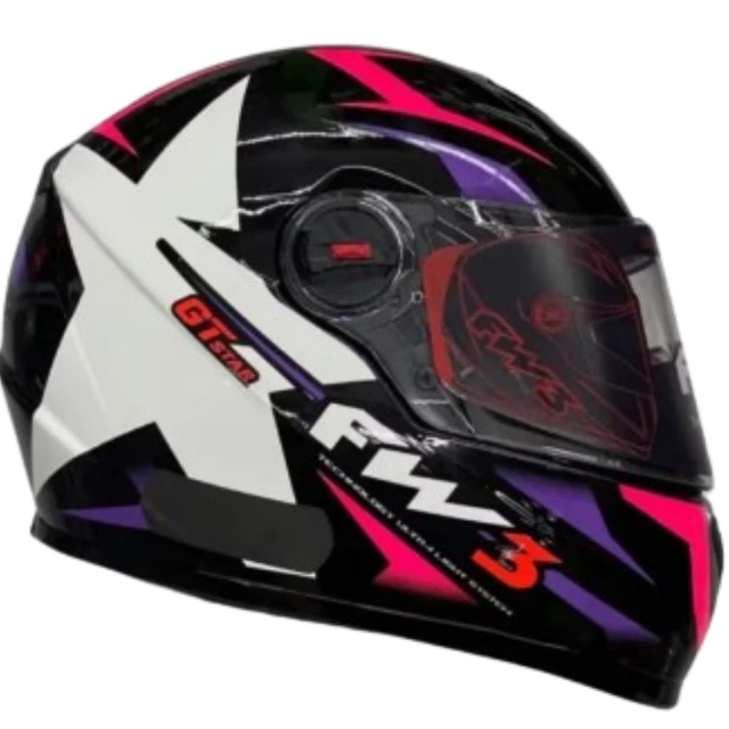 CAPACETE FW3 GTX STAR PRETO BRILHANTE LILAS COM ROSA COM OCULOS FUME INTERNO