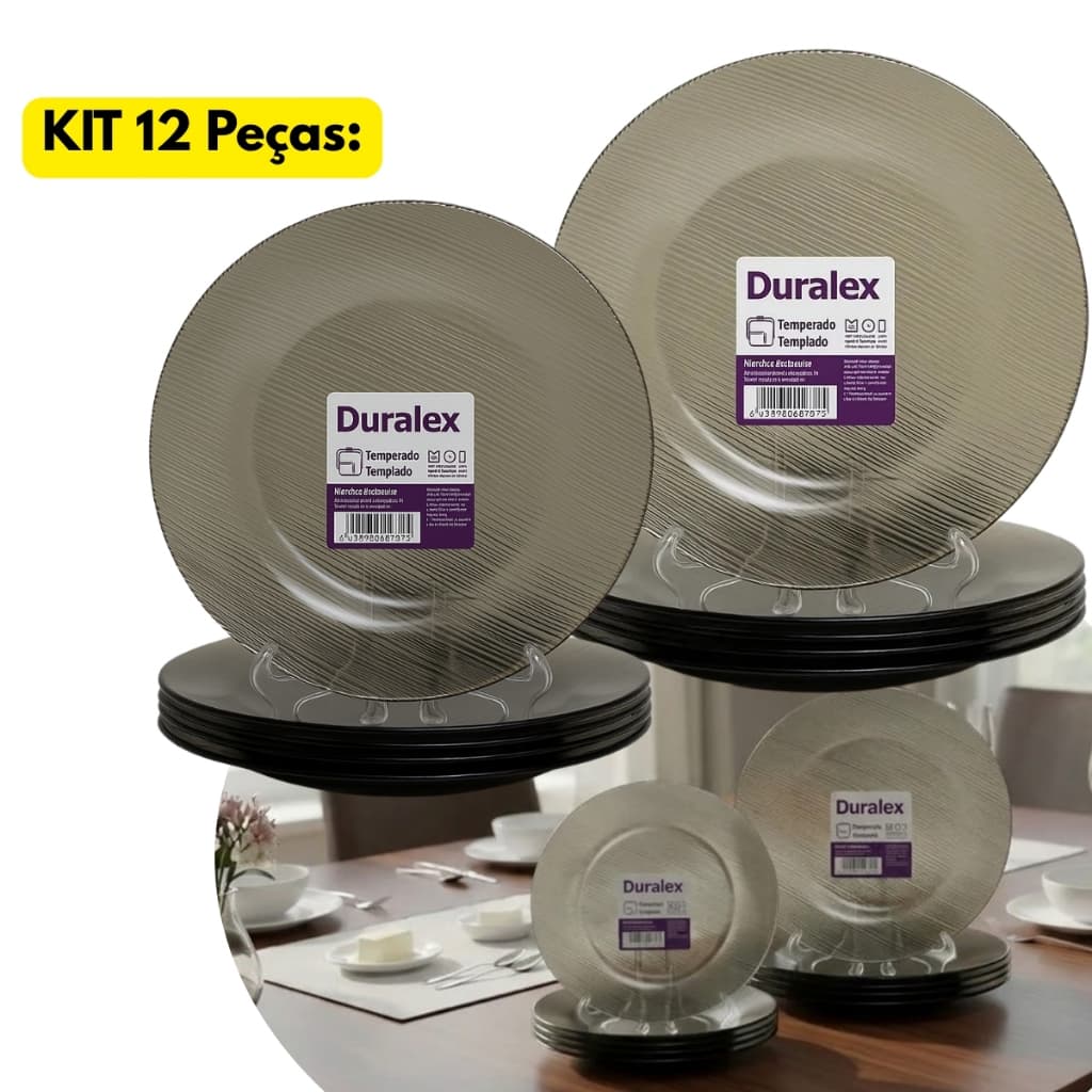 Jogo Kit 12 Peças 06 Pratos Fundo Vidro Duralex Diamante Fumê + 06 Rasos Redondo Cinza Servir Bonito