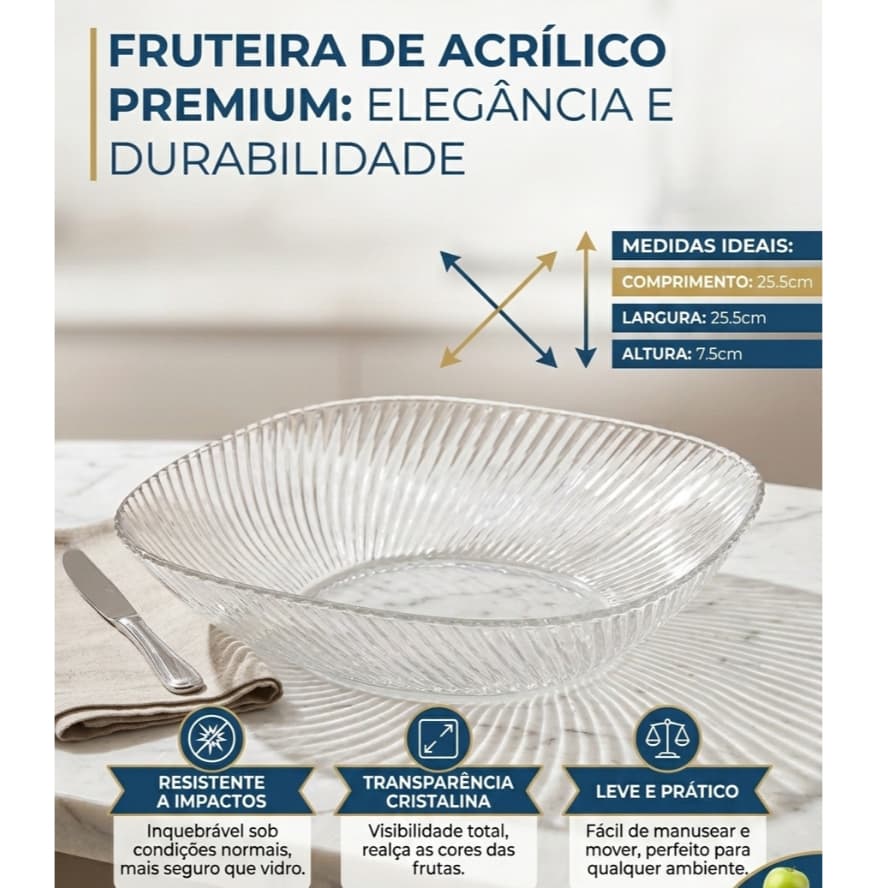 Fruteira de Acrílico Transparente 25,5cm Premium | Tigela Fruteira Grande Decorativa para Mesa Cozinha Sala