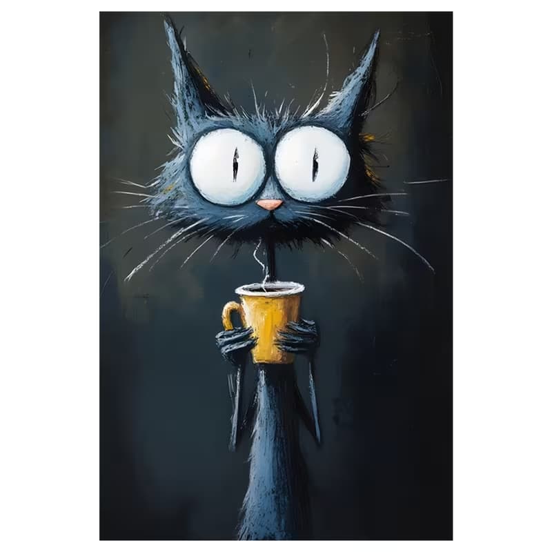 Quadro Decorativo Gato Preto com Café – Arte Moderna Divertida para Sala, Cozinha ou Escritório