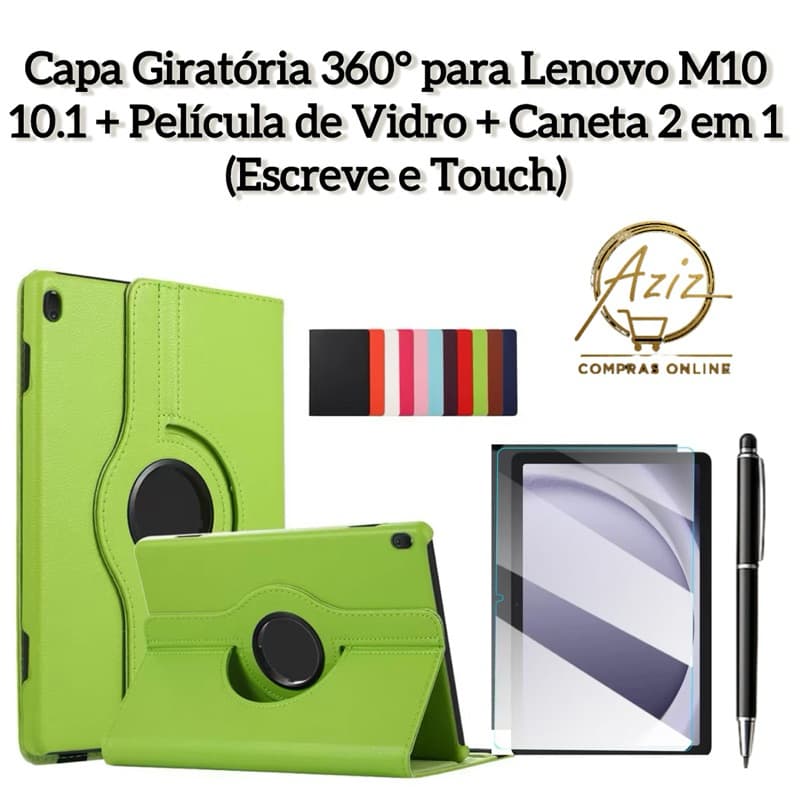 Kit Completo 3 em 1 para Lenovo M10 10.1 – Capa Giratória 360° + Película de Vidro + Caneta Touch 2 em 1
