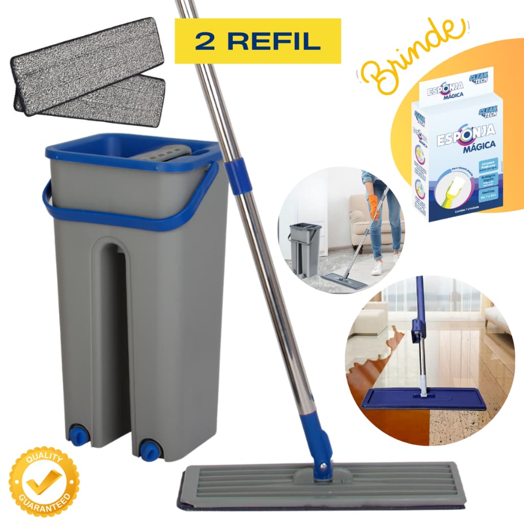 MOP Limpeza Esfregão Rodo Mágico Flat com Balde 5l Cabo INOX Limpa e Seca Pisos 2 Refil Microfibra