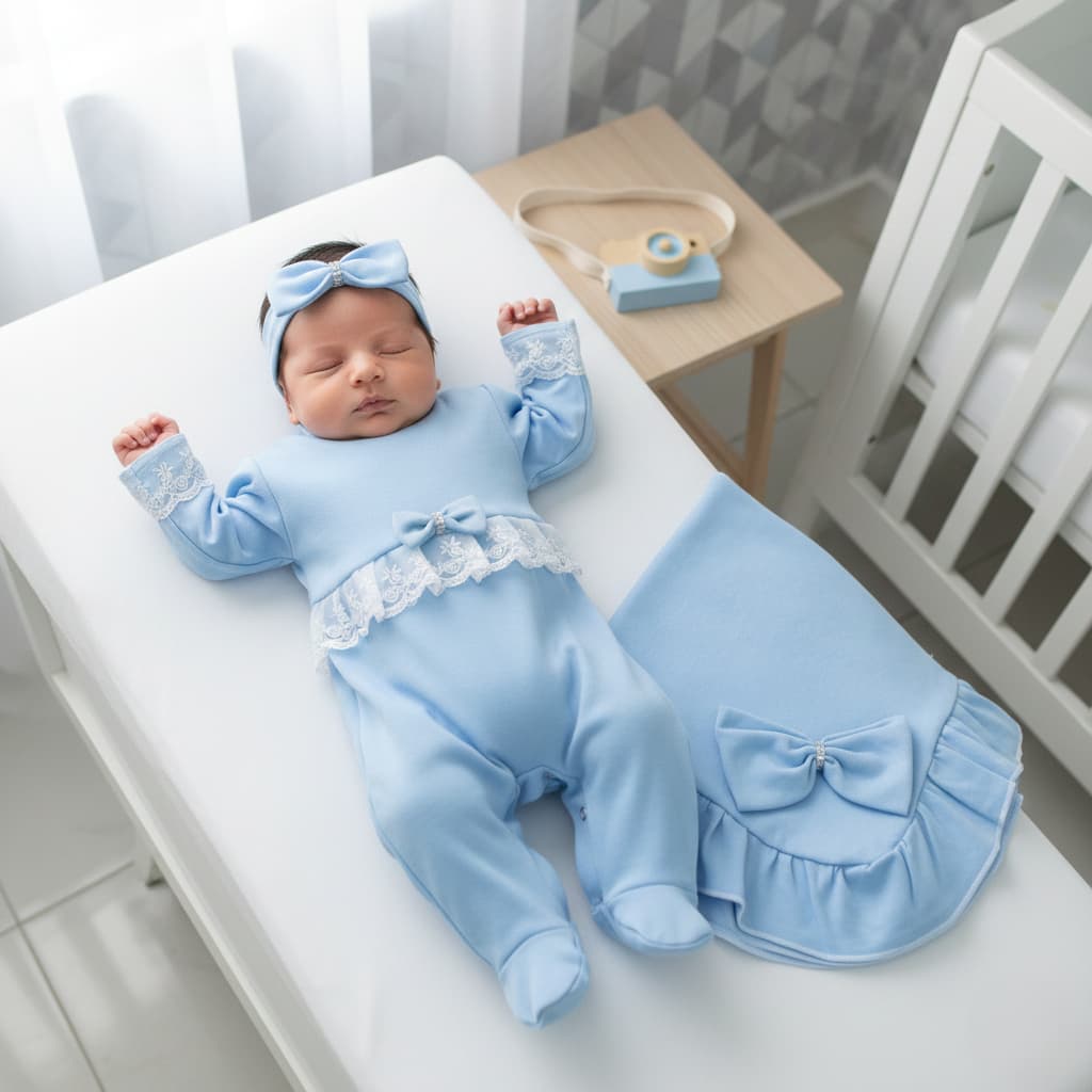 Saída Maternidade Azul Menina Luxo com Renda 100% Algodão Bebê Recém Nascido Manta Enxoval Completo
