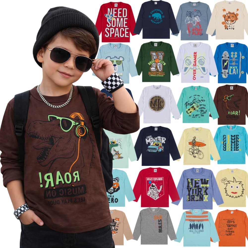 KIT Blusa Manga Longa Infantil 100% Algodão - Sortidas - Blusa Manga Comprida Infantil Menino