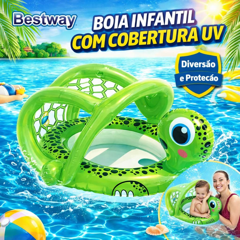 Boia Inflável Infantil Tartaruga com Assento para Bebê Piscina 1 a 2 Anos