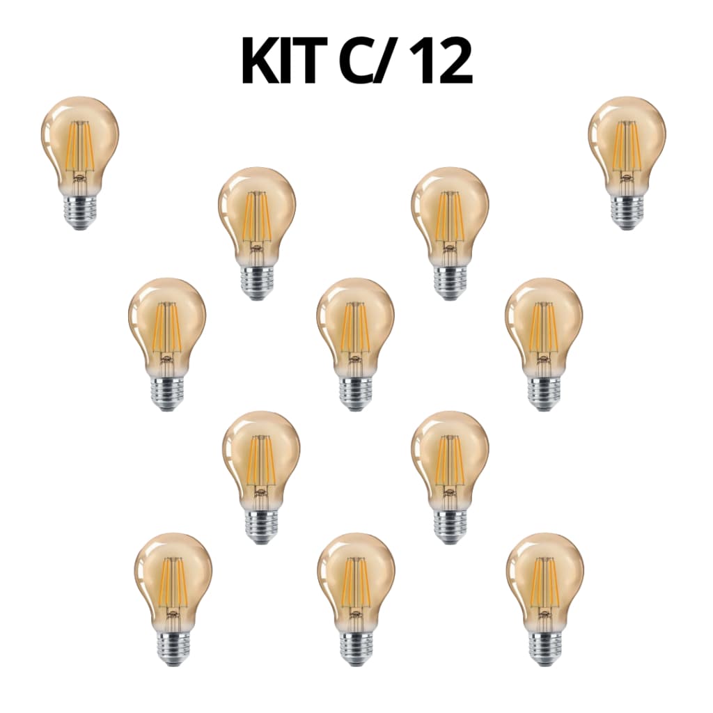 Kit c/ 12 Lâmpada Filamento Retro A60 4W 2400K E27 LED Âmbar Vintage