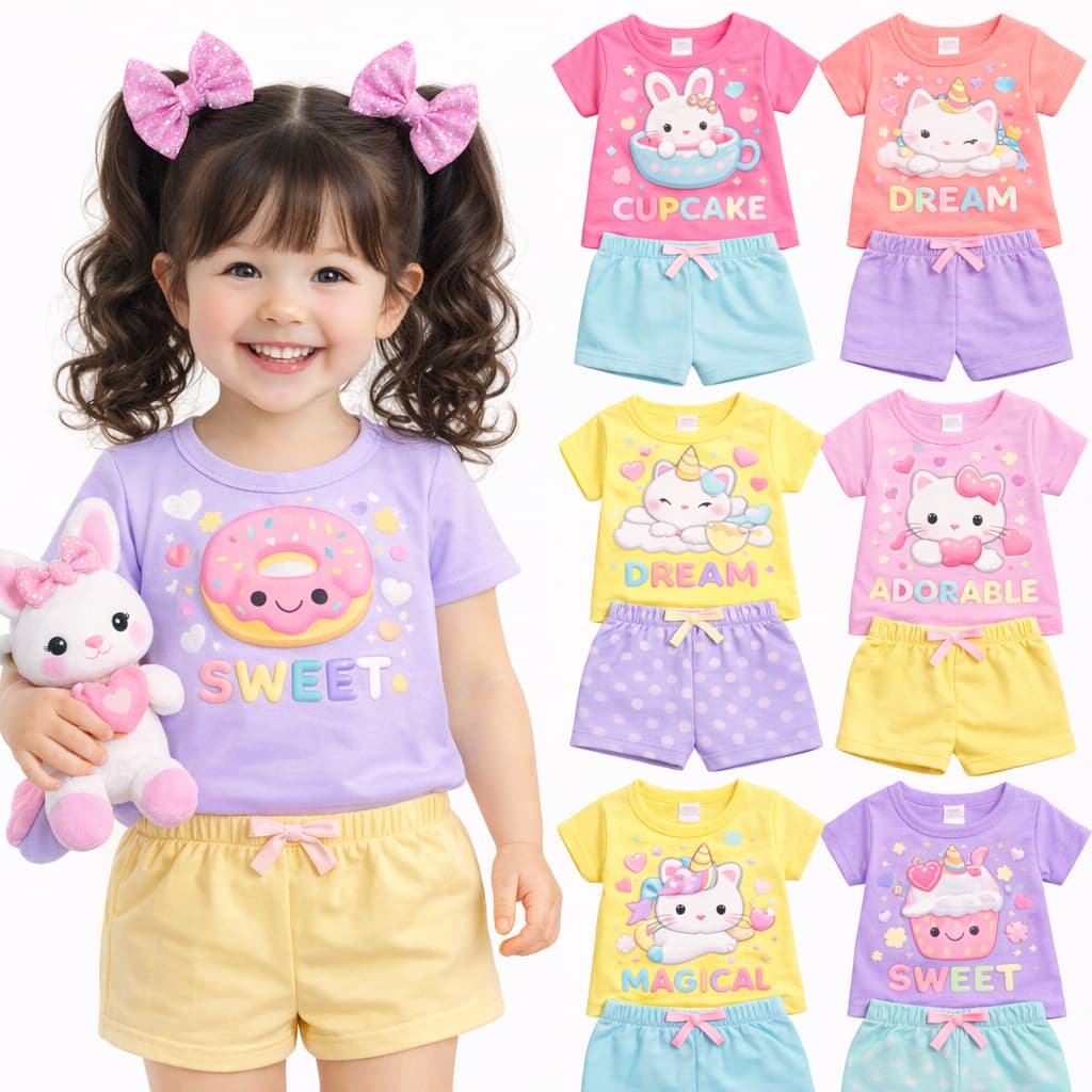 Kit Sortido 2 ou 6 peças Conjunto Infantil Feminino Verão Blusa e Shorts Menina Roupa Leve e Confortável de Verão