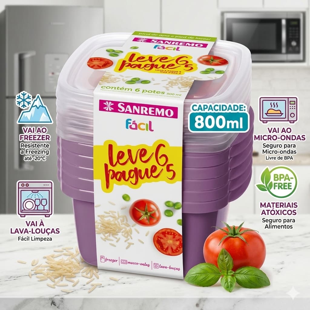 CONJUNTO DE 6 POTES HERMÉTICOS 800 ML - LEVE 6 PAGUE 5 - KIT DE POTES