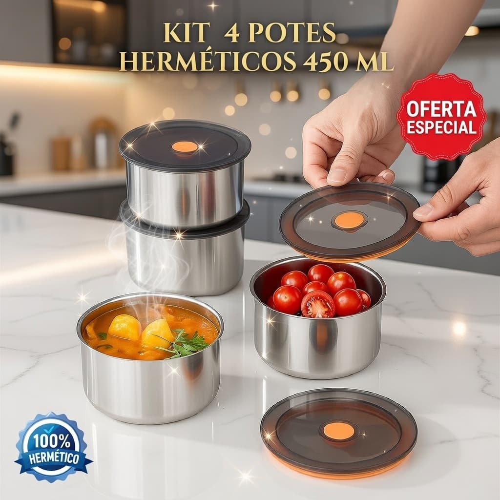 4 Potes Herméticos Conjunto Redondo Inox 450ML c/ Tampa Marmita Guarda Mantimento Aço Cozinha