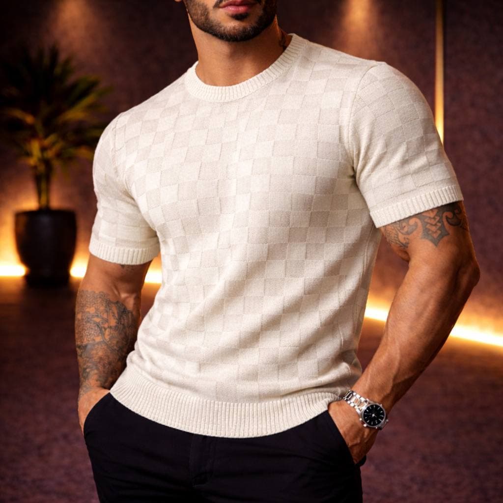 Camisa quadriculada tricot gola careca manga curta texturizada trama chique envio imediato alta qualidade verão 2026
