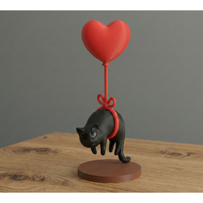 Escultura Gato Flutuante com Balão Coração Vermelho Decoração Criativa