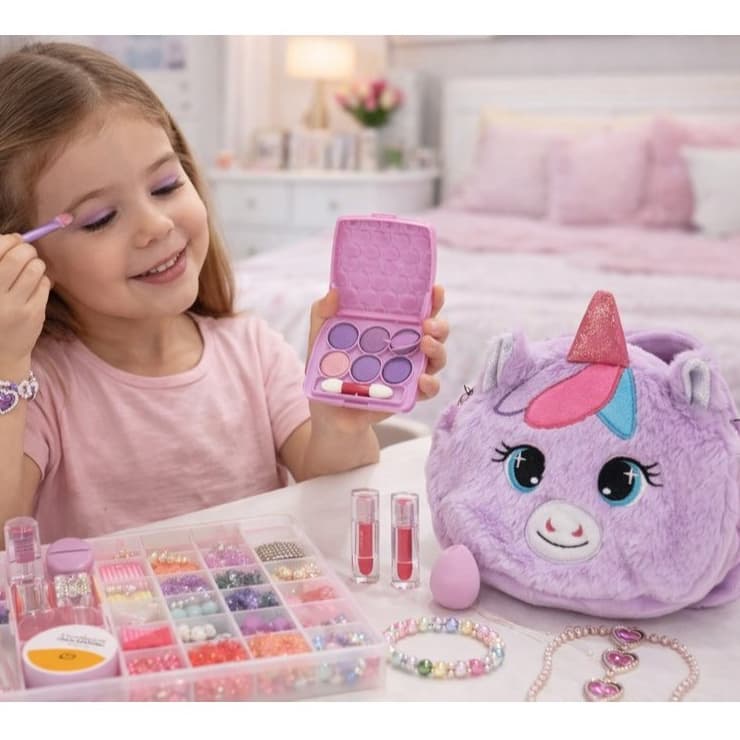 Kit Maquiagem Infantil Completo 4 em 1 Bolsa Unicórnio Estojo Espelho Acessórios Brinquedo 3+