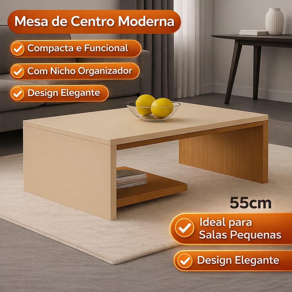Mesa de Centro 55cm com Nicho Organizador Mesa de Apoio Moderna Decorativa para Sala Compacta Kiara