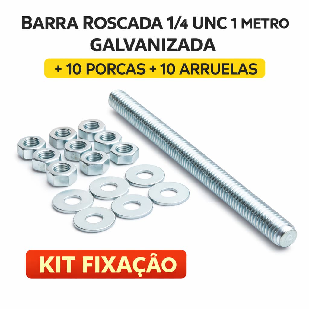 Barra Roscada 1/4 UNC 1 Metro Galvanizada + 10 Porcas + 10 Arruelas Kit Fixação