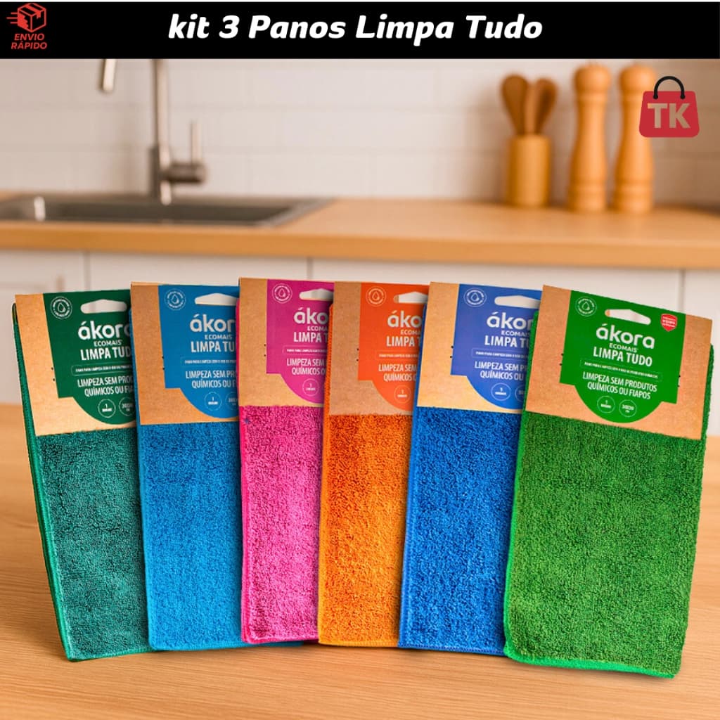 Kit 3 Panos Limpa Tudo Ecomais Ákora Super Absorvente  Limpa Diversas Superfícies - Cores sortidas