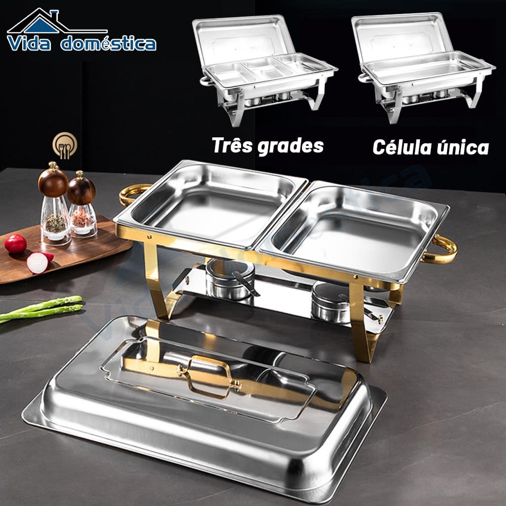 Rechaud Profissional Inox 12L com 1, 2 ou 3 Divisórias para Buffet Grande Festas Eventos