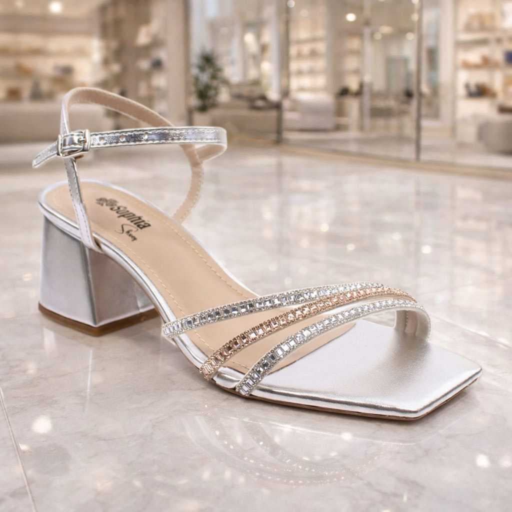 Sandália Feminina Sophia Shoes Elegante Salto Grosso 5,5cm 3 Tiras em Strass Social Luxo Confortável