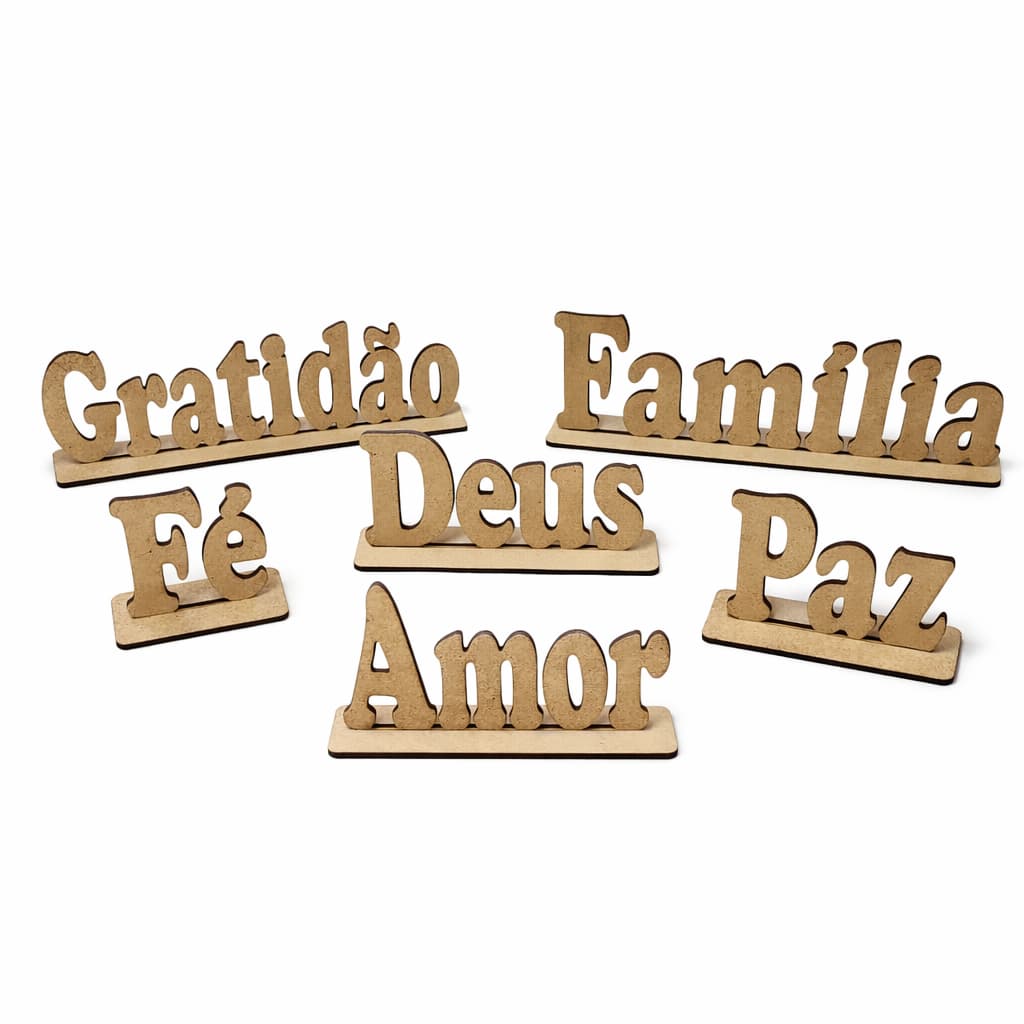 Palavras Decorativas em MDF Cru 3mm com Base Encaixe Fé Paz Amor Love Deus Gratidão Família