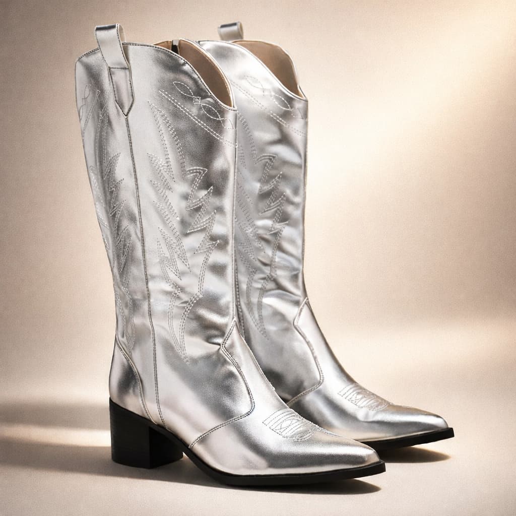 Bota Texana Feminina Cano Longo Country Western Bico Fino Prateado Moda